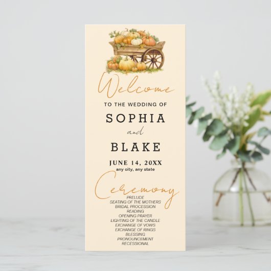 Kart von Pumpkins Fall Light Orange Hochzeitsprogr (Stehend Vorderseite)