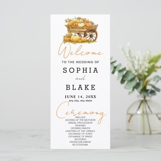 Kart von Pumpkins Fall White Wedding Programm (Stehend Vorderseite)