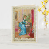 Karte 1875 - Viktorianische Dame am Schreibtisch (Gelbe Blume)