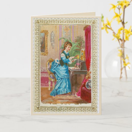 Karte 1875 - Viktorianische Dame am Schreibtisch (Gelbe Blume)