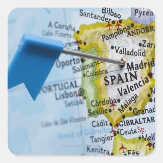 Karte Button in Madrid, Spanien auf Karte, nah Quadratischer Aufkleber (Vorderseite)