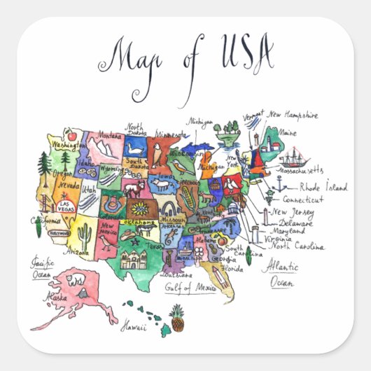 Karte der Attraktionen der USA Quadratischer Aufkleber (Vorderseite)