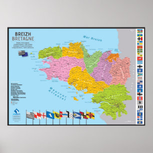 Karte der Bretagne, 9 Länder, 5 Departements Poster