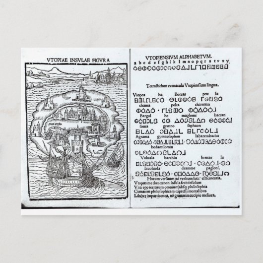 Karte der Insel Utopia mit ihrem Alphabet (Vorderseite)