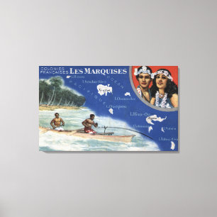 Karte der Inseln, Eingeborene in einem Kanu Leinwanddruck