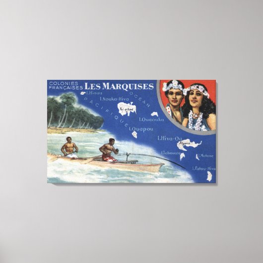 Karte der Inseln, Einheimische auf Kanuchen Leinwanddruck (Vorderseite)