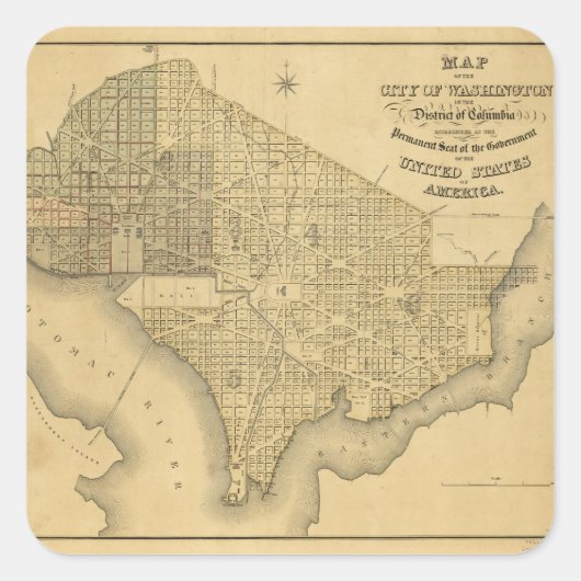 Karte der Stadt Washington D.C. (1839) Quadratischer Aufkleber (Vorderseite)