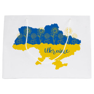 Karte der Ukraine mit Sonnenblume und ukrainischer Große Geschenktüte