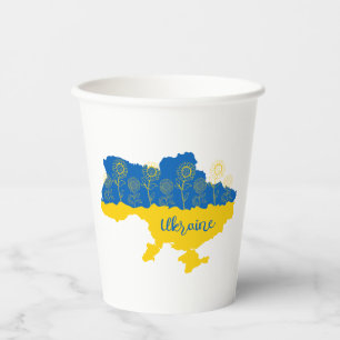 Karte der Ukraine mit Sonnenblume und ukrainischer Pappbecher