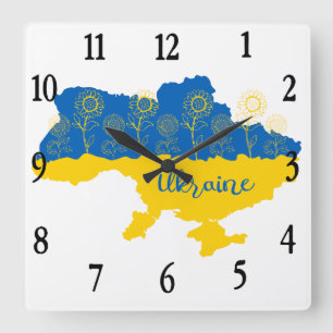 Karte der Ukraine mit Sonnenblume und ukrainischer Quadratische Wanduhr