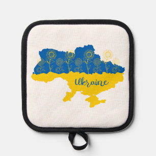 Karte der Ukraine mit Sonnenblume und ukrainischer Topflappen