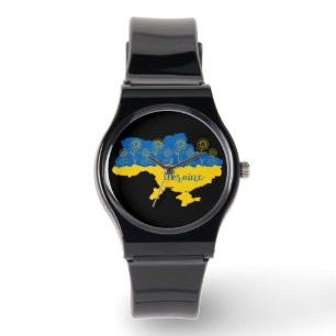 Karte der Ukraine mit Sonnenblumen und ukrainische Armbanduhr