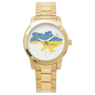 Karte der Ukraine mit Sonnenblumen und ukrainische Armbanduhr