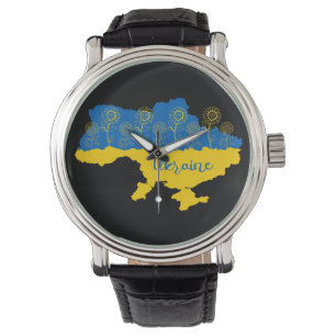 Karte der Ukraine mit Sonnenblumen und ukrainische Armbanduhr