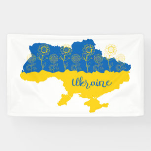 Karte der Ukraine mit Sonnenblumen und ukrainische Banner
