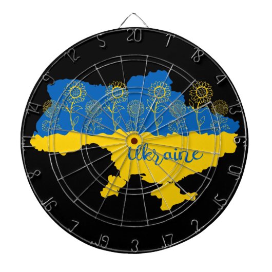 Karte der Ukraine mit Sonnenblumen und ukrainische Dartscheibe (vorne)