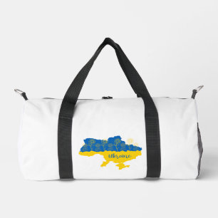 Karte der Ukraine mit Sonnenblumen und ukrainische Duffle Bag