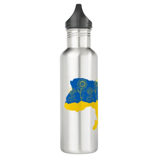 Karte der Ukraine mit Sonnenblumen und ukrainische Edelstahlflasche (Links)