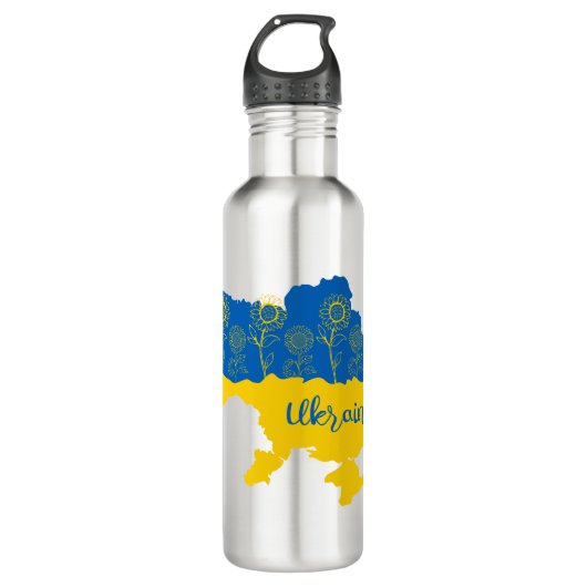 Karte der Ukraine mit Sonnenblumen und ukrainische Edelstahlflasche (Vorderseite)