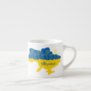 Karte der Ukraine mit Sonnenblumen und ukrainische Espressotasse