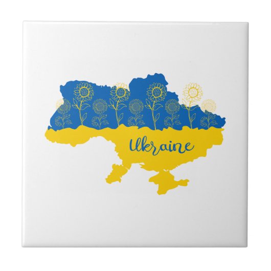 Karte der Ukraine mit Sonnenblumen und ukrainische Fliese (Vorderseite)
