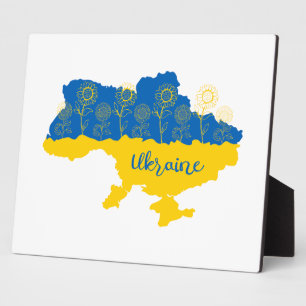 Karte der Ukraine mit Sonnenblumen und ukrainische Fotoplatte
