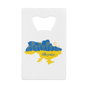 Karte der Ukraine mit Sonnenblumen und ukrainische Geldbeutel Flaschenöffner