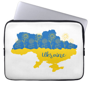 Karte der Ukraine mit Sonnenblumen und ukrainische Laptopschutzhülle