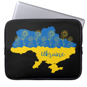 Karte der Ukraine mit Sonnenblumen und ukrainische Laptopschutzhülle