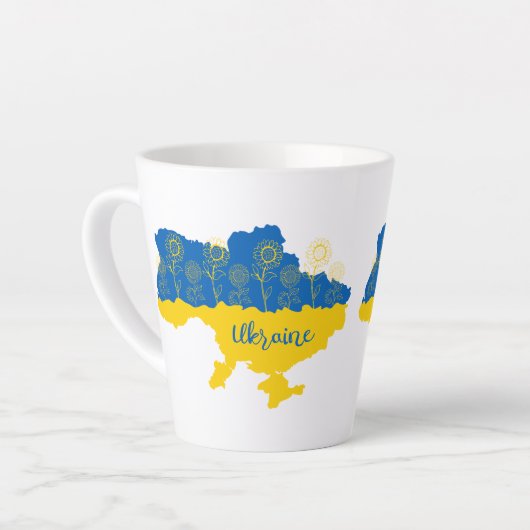 Karte der Ukraine mit Sonnenblumen und ukrainische Milchtasse (Linke Ecke)