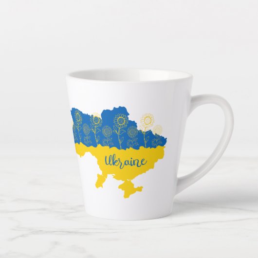 Karte der Ukraine mit Sonnenblumen und ukrainische Milchtasse (Rechts)