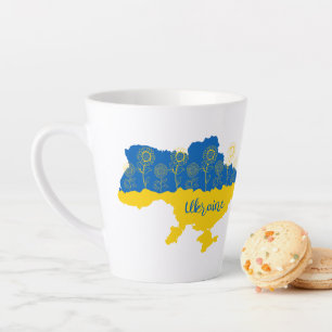 Karte der Ukraine mit Sonnenblumen und ukrainische Milchtasse