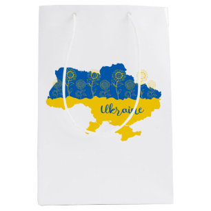 Karte der Ukraine mit Sonnenblumen und ukrainische Mittlere Geschenktüte