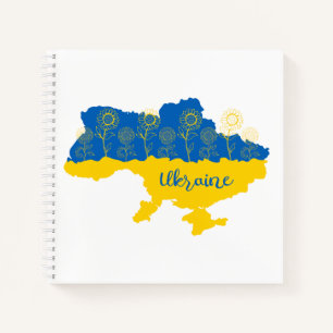 Karte der Ukraine mit Sonnenblumen und ukrainische Notizblock