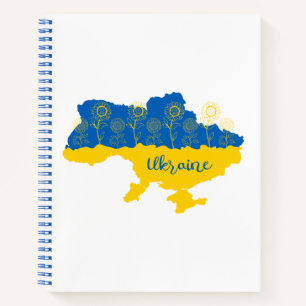 Karte der Ukraine mit Sonnenblumen und ukrainische Notizblock