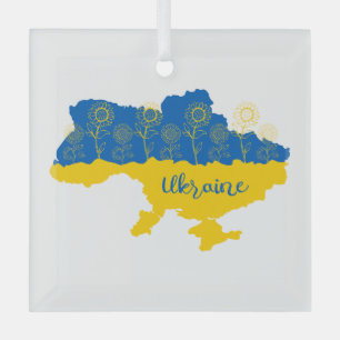 Karte der Ukraine mit Sonnenblumen und ukrainische Ornament Aus Glas