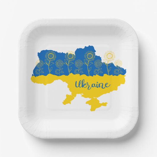 Karte der Ukraine mit Sonnenblumen und ukrainische Pappteller (Vorderseite)