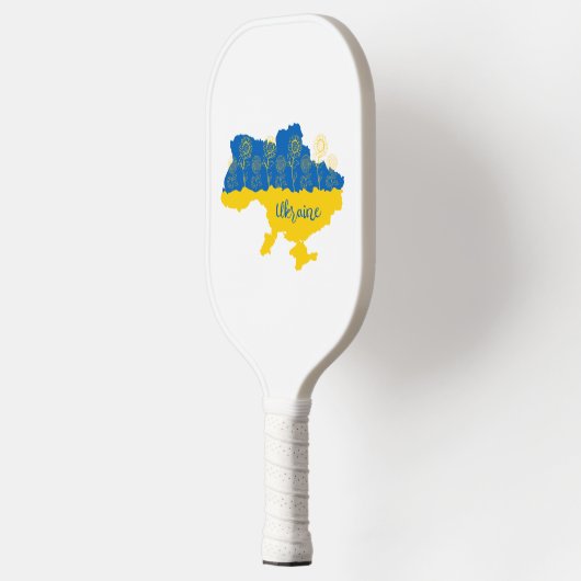 Karte der Ukraine mit Sonnenblumen und ukrainische Pickleball Schläger (Links)