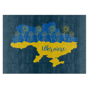 Karte der Ukraine mit Sonnenblumen und ukrainische Schneidebrett