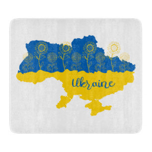 Karte der Ukraine mit Sonnenblumen und ukrainische Schneidebrett