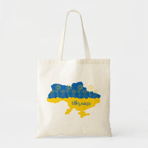 Karte der Ukraine mit Sonnenblumen und ukrainische Tragetasche