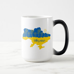 Karte der Ukraine mit Sonnenblumen und ukrainische Verwandlungstasse