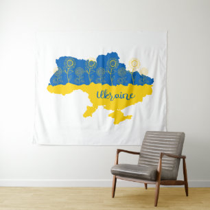 Karte der Ukraine mit Sonnenblumen und ukrainische Wandteppich