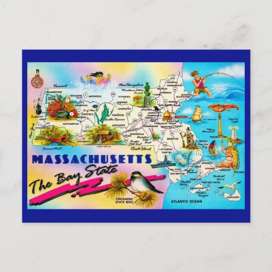 Karte des Bundesstaates Massachusetts Postkarte (Vorderseite)