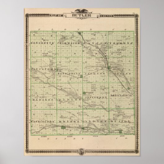 Karte des Butler-Landkreises, Staat von Iowa Poster (Vorne)