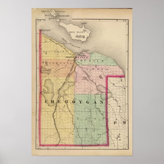 Karte des Cheboygan-Landkreises, Michigan Poster (Vorne)