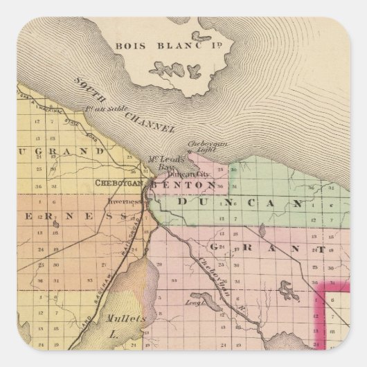 Karte des Cheboygan-Landkreises, Michigan Quadratischer Aufkleber (Vorderseite)
