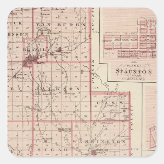 Karte des Landkreises Clay mit Staunton, Harmony Quadratischer Aufkleber (Vorderseite)