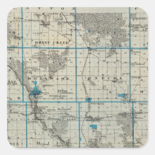 Karte des Landkreises Delaware, Staat von Iowa Quadratischer Aufkleber (Vorderseite)