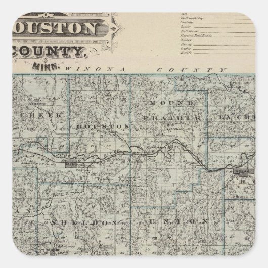 Karte des Landkreises Houston, Minnesota Quadratischer Aufkleber (Vorderseite)